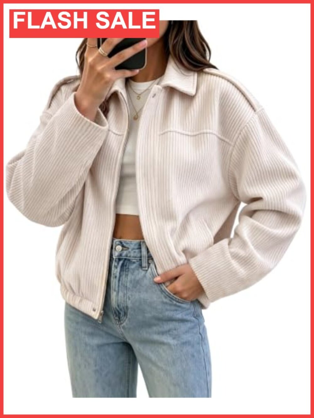 Corduroy Cropped Shacket Oversized Zip Up Stand Collar Long Sleeve Casual Jacket